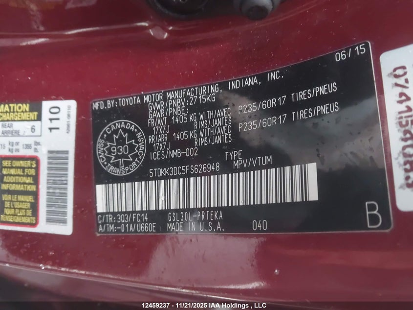 5TDKK3DC5FS626948 2015 TOYOTA SIENNA photo no. 9
