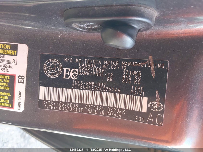 2010 Toyota Corolla S/Le/Xle VIN: 2T1BU4EE6AC375746 Lot: 12459238