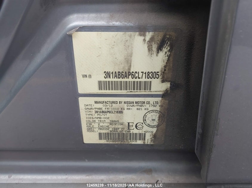 2012 Nissan Sentra 2.0/2.0S/Sr/2.0Sl VIN: 3N1AB6AP6CL718305 Lot: 12459239