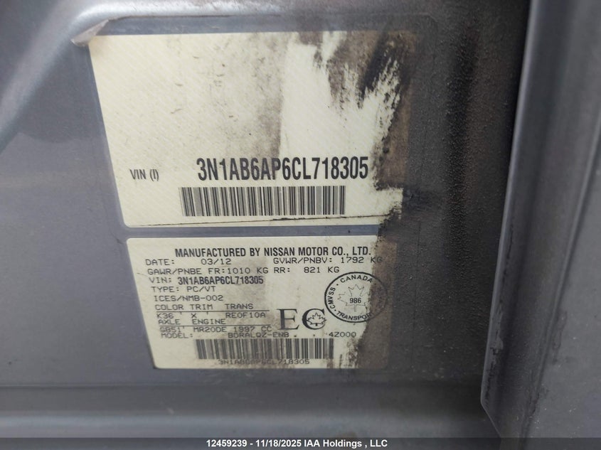 2012 Nissan Sentra 2.0/2.0S/Sr/2.0Sl VIN: 3N1AB6AP6CL718305 Lot: 12459239