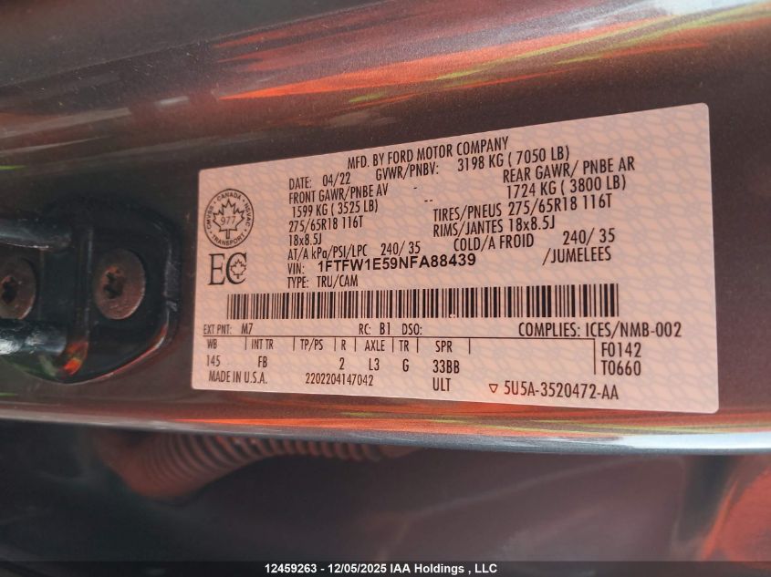 2022 Ford F150 Supercrew VIN: 1FTFW1E59NFA88439 Lot: 12459263