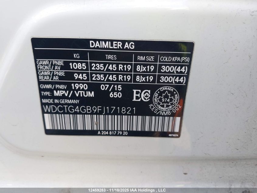 2015 Mercedes-Benz Gla 250 4Matic VIN: WDCTG4GB9FJ171821 Lot: 12459283
