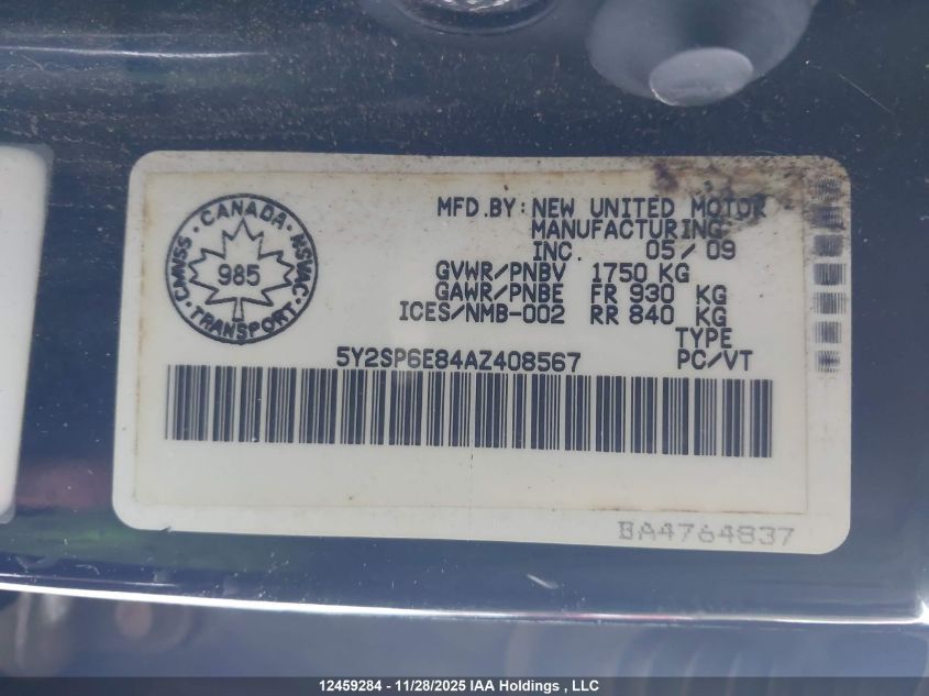 2010 Pontiac Vibe VIN: 5Y2SP6E84AZ408567 Lot: 12459284