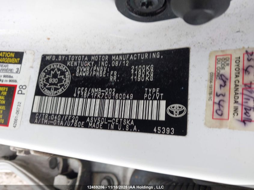 2012 Toyota Camry Se VIN: 4T1BF1FK7CU160049 Lot: 12459286