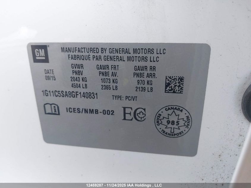 2016 Chevrolet Malibu VIN: 1G11C5SA8GF140831 Lot: 12459287
