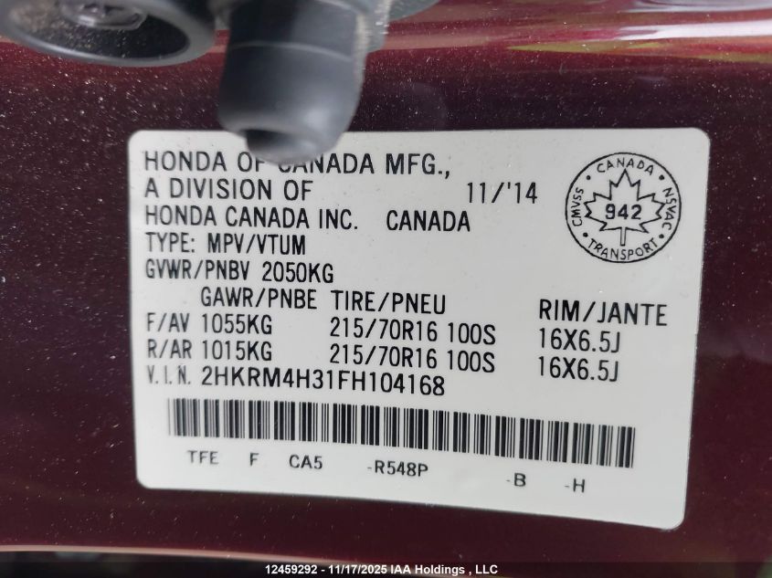 2015 Honda Cr-V Lx VIN: 2HKRM4H31FH104168 Lot: 12459292