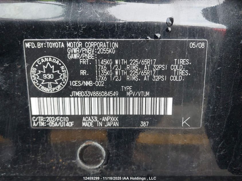 2008 Toyota Rav4 VIN: JTMBD33V886084549 Lot: 12459299