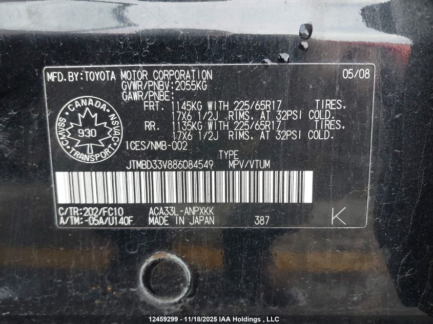 2008 Toyota Rav4 VIN: JTMBD33V886084549 Lot: 12459299