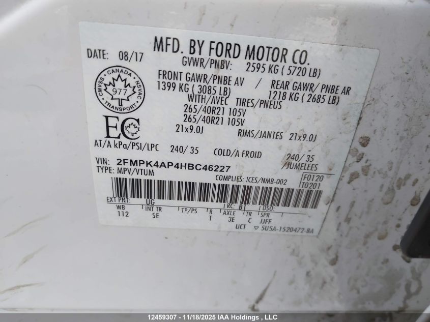 2017 Ford Edge Sport VIN: 2FMPK4AP4HBC46227 Lot: 12459307