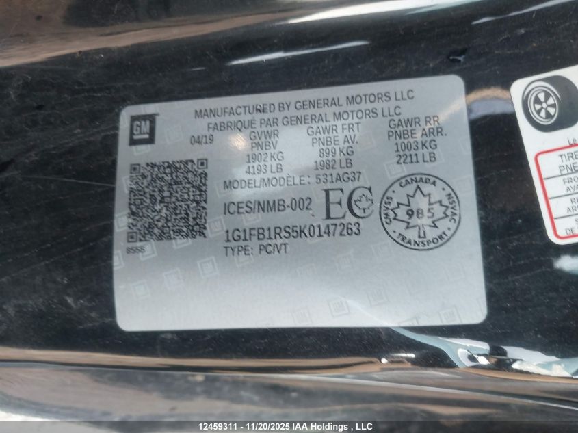 2019 Chevrolet Camaro 1Lt VIN: 1G1FB1RS5K0147263 Lot: 12459311
