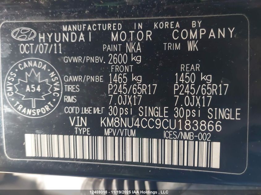 2012 Hyundai Veracruz Gls/Limited VIN: KM8NU4CC9CU183866 Lot: 12459318