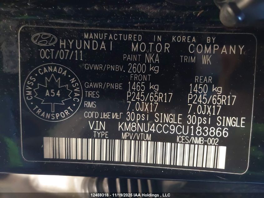 2012 Hyundai Veracruz Gls/Limited VIN: KM8NU4CC9CU183866 Lot: 12459318