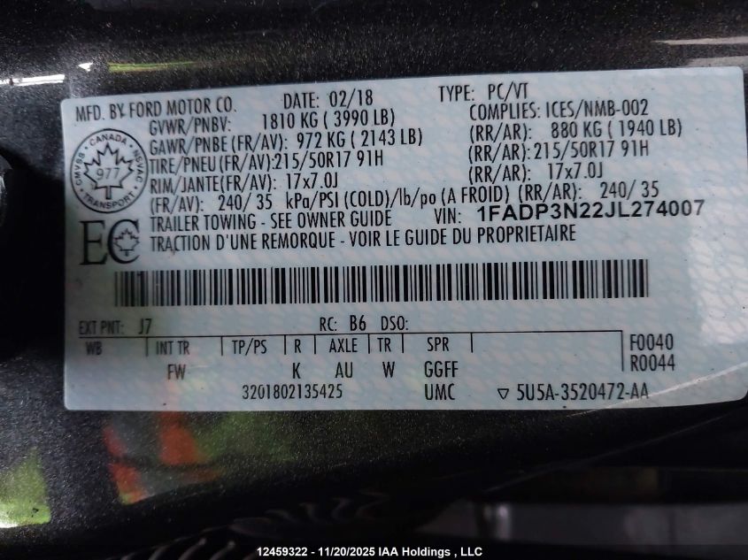 2018 Ford Focus Titanium VIN: 1FADP3N22JL274007 Lot: 12459322