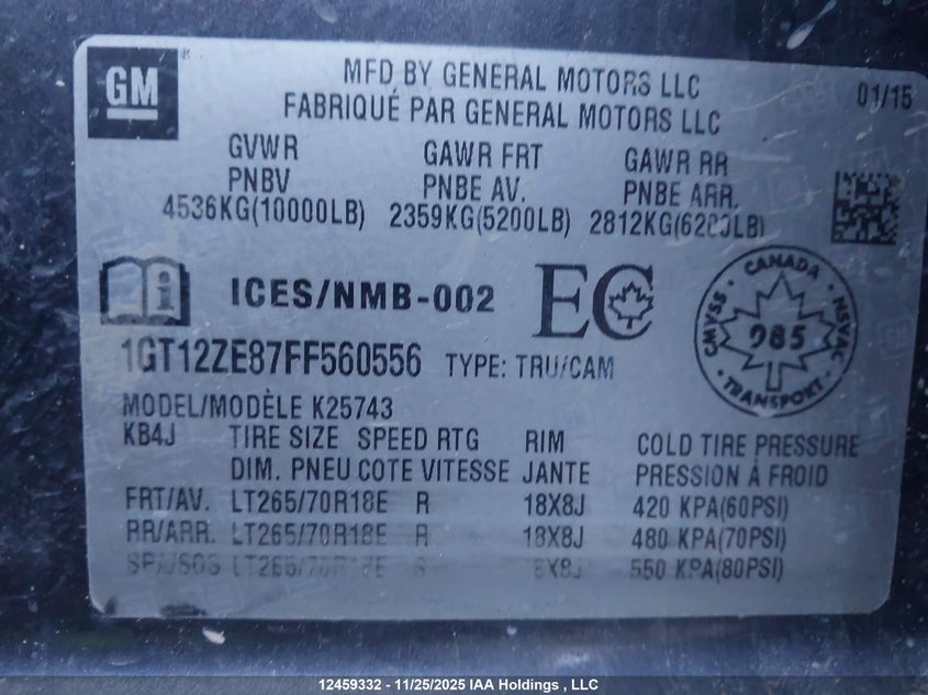 2015 GMC Sierra 2500Hd Slt VIN: 1GT12ZE87FF560556 Lot: 12459332