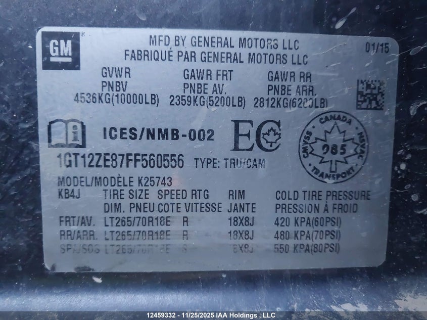 2015 GMC Sierra 2500Hd Slt VIN: 1GT12ZE87FF560556 Lot: 12459332