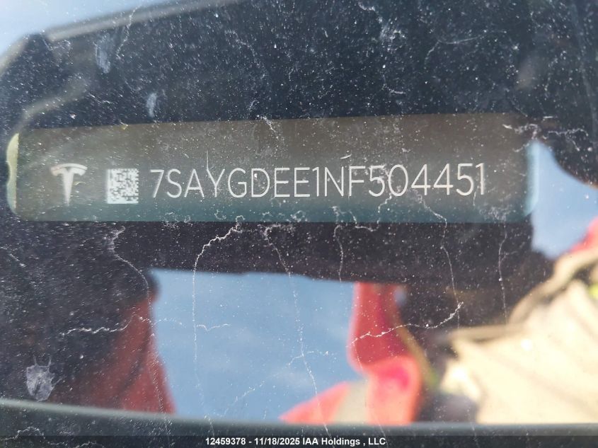 2022 Tesla Model Y VIN: 7SAYGDEE1NF504451 Lot: 12459378