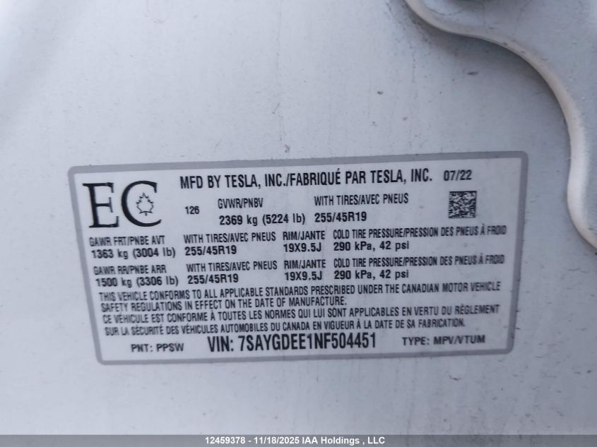 2022 Tesla Model Y VIN: 7SAYGDEE1NF504451 Lot: 12459378
