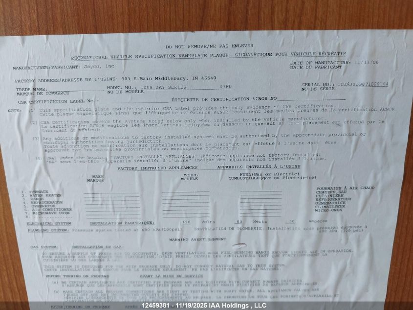 2007 Jayco VIN: 1UJAJ01G071BG0184 Lot: 12459381