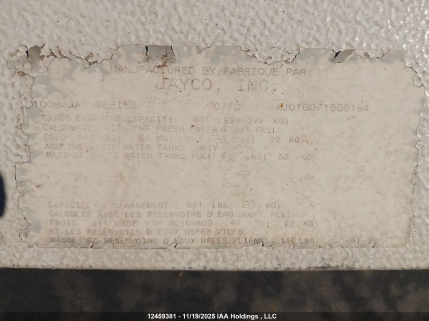 2007 Jayco VIN: 1UJAJ01G071BG0184 Lot: 12459381