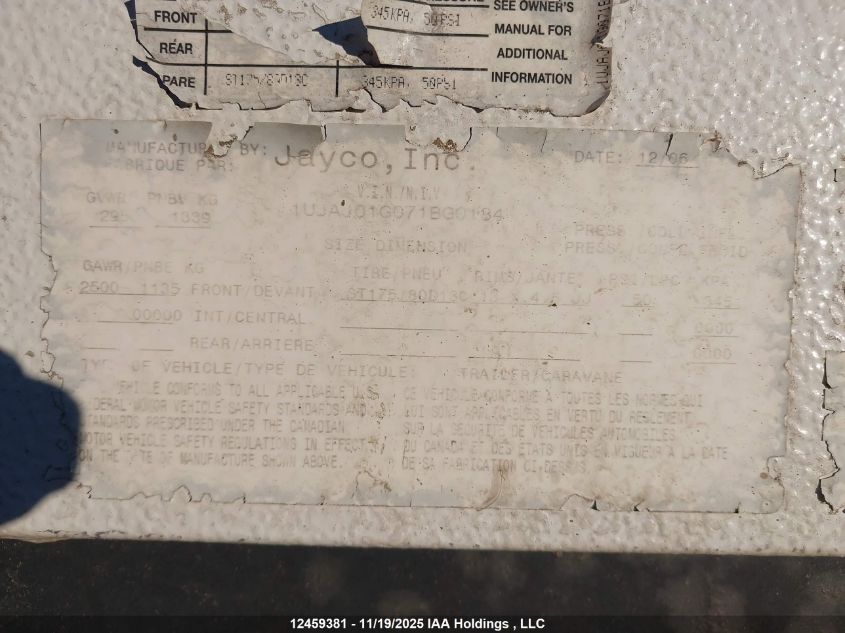 2007 Jayco VIN: 1UJAJ01G071BG0184 Lot: 12459381