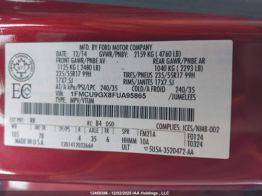 2015 Ford Escape Se VIN: 1FMCU9GX8FUA95865 Lot: 12459386