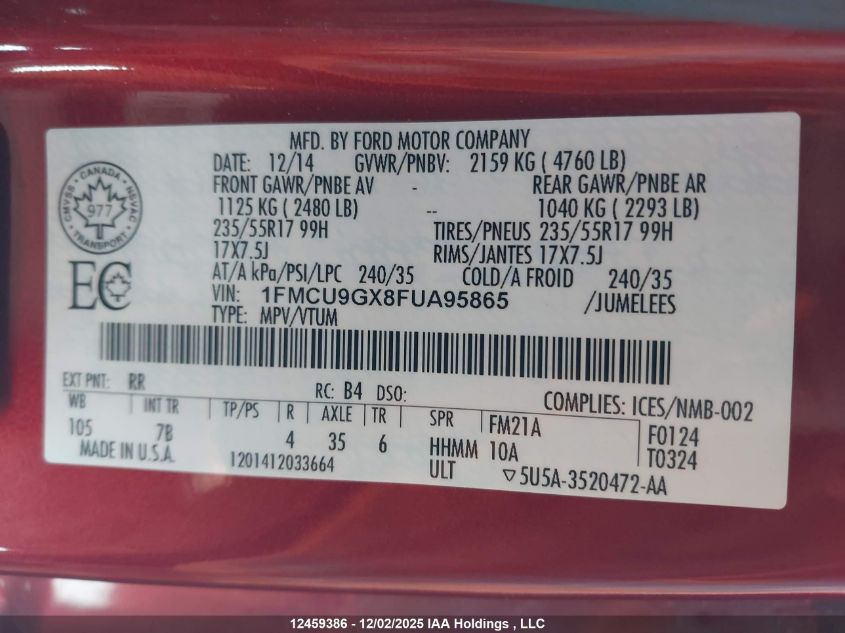 2015 Ford Escape Se VIN: 1FMCU9GX8FUA95865 Lot: 12459386