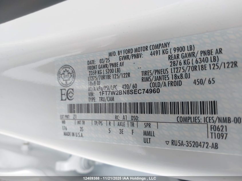 2025 Ford F250 Super Duty VIN: 1FT7W2BN8SEC74960 Lot: 12459388