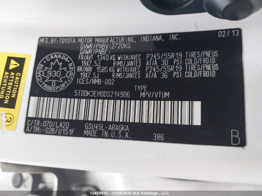 2013 Toyota Highlander Limited VIN: 5TDDK3EH0DS214906 Lot: 12459415