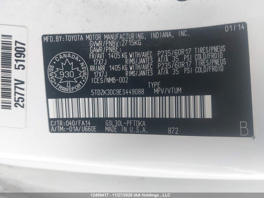 5TDZK3DC9ES449088 2014 TOYOTA SIENNA photo no. 9