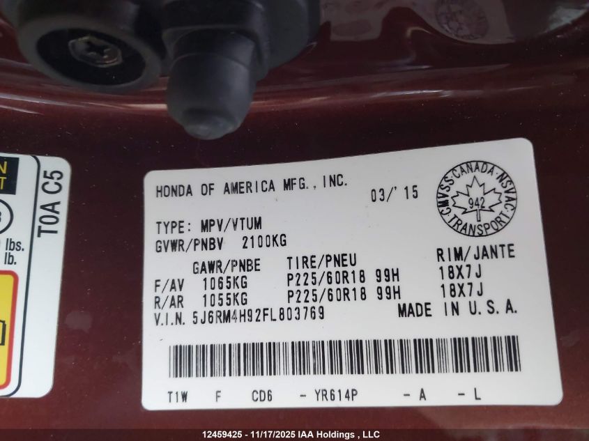 2015 Honda Cr-V Touring VIN: 5J6RM4H92FL803769 Lot: 12459425