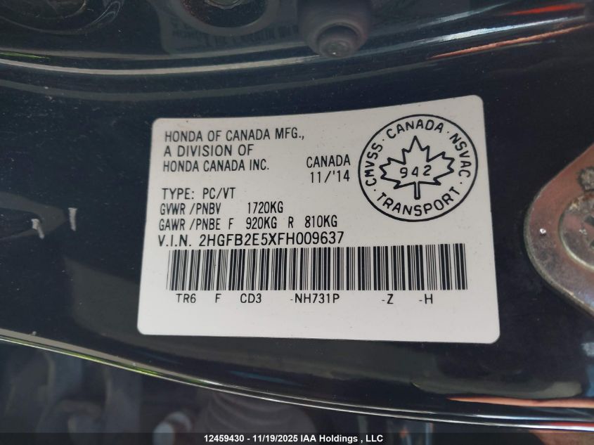 2015 Honda Civic VIN: 2HGFB2E5XFH009637 Lot: 12459430