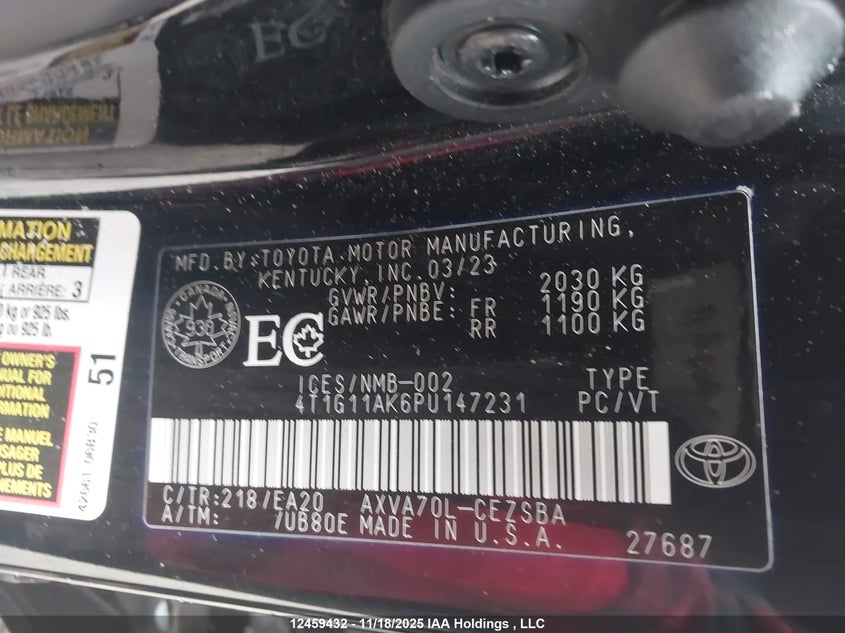2023 Toyota Camry Se Night Shade/Se VIN: 4T1G11AK6PU147231 Lot: 12459432