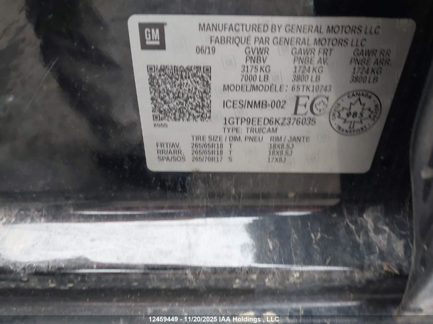 2019 GMC Sierra 1500 At4 VIN: 1GTP9EED6KZ376035 Lot: 12459449