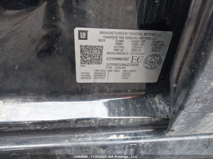 2019 GMC Sierra 1500 At4 VIN: 1GTP9EED6KZ376035 Lot: 12459449