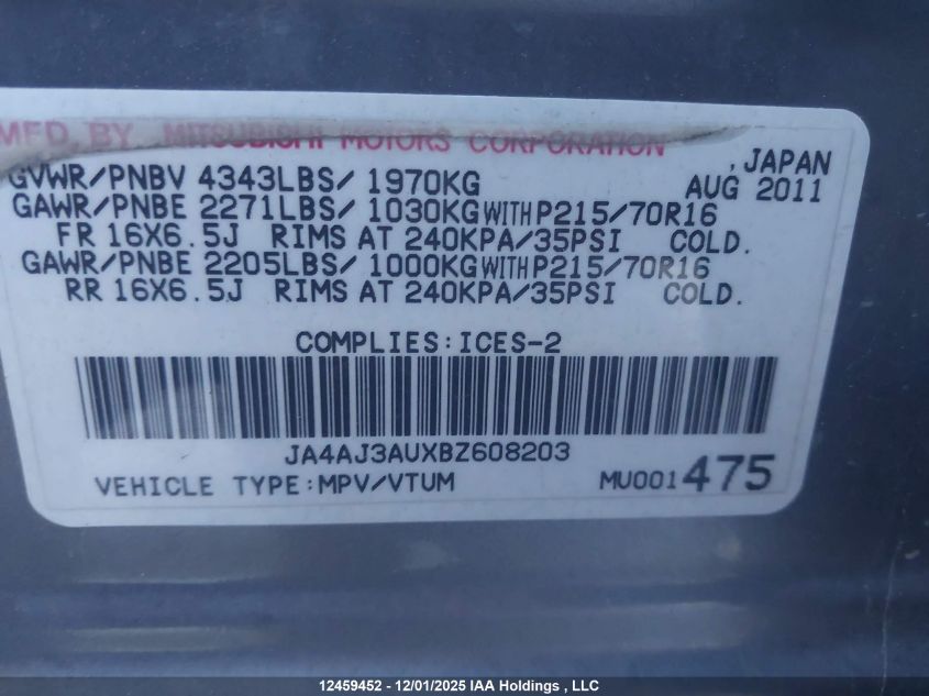 2011 Mitsubishi Rvr VIN: JA4AJ3AUXBZ608203 Lot: 12459452