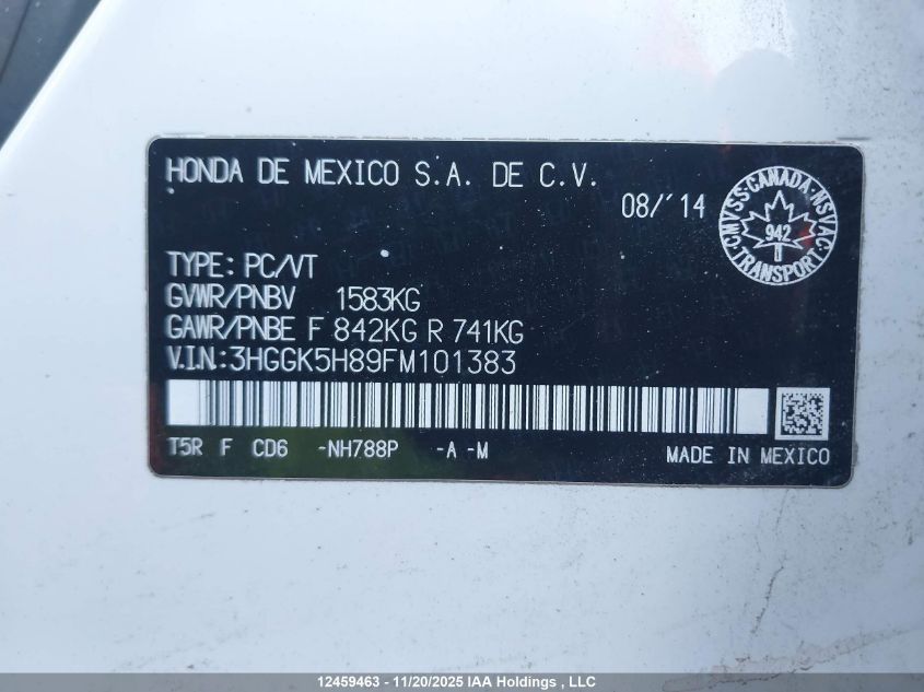 2015 Honda Fit Ex/Exl VIN: 3HGGK5H89FM101383 Lot: 12459463