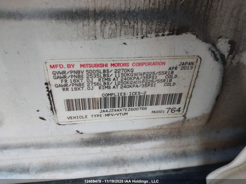 2014 Mitsubishi Outlander Gt VIN: JA4JZ4AX7EZ600766 Lot: 12459478