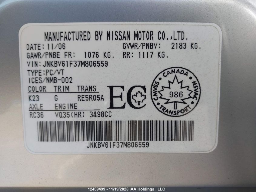 2007 Infiniti G35X VIN: JNKBV61F37M806559 Lot: 12459499