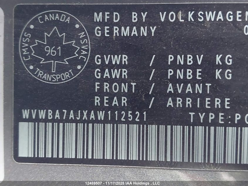 2010 Volkswagen Golf 2.5L Sportline/2.5L Trendline VIN: WVWBA7AJXAW112521 Lot: 12459507