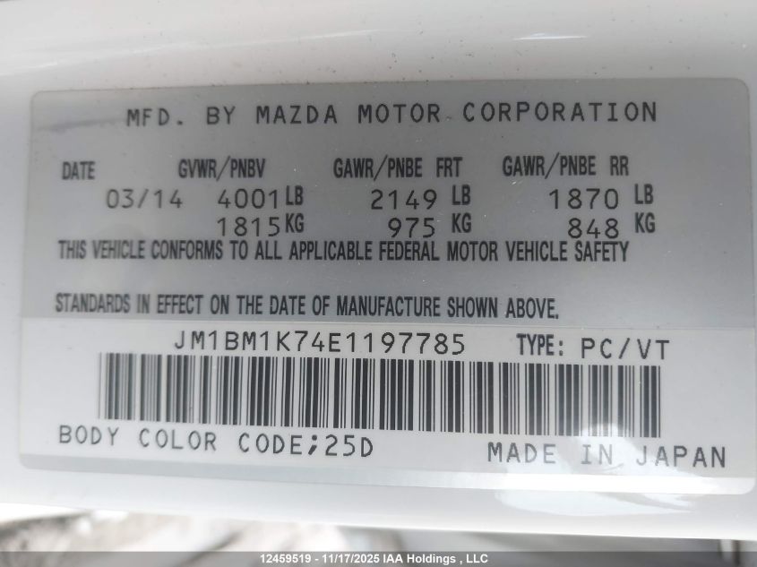 2014 Mazda Mazda3 Gx-Sky VIN: JM1BM1K74E1197785 Lot: 12459519