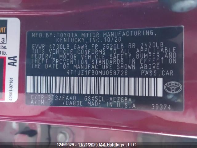 2021 Toyota Avalon Xle VIN: 4T1JZ1FB0MU058726 Lot: 12459529