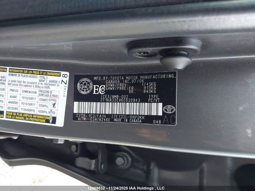 2006 Toyota Corolla Matrix Xr VIN: 2T1KR32E86C620943 Lot: 12459532