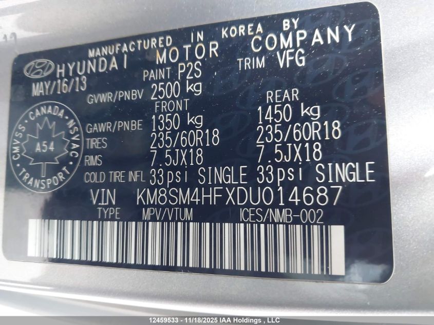 2013 Hyundai Santa Fe Xl VIN: KM8SM4HFXDU014687 Lot: 12459533