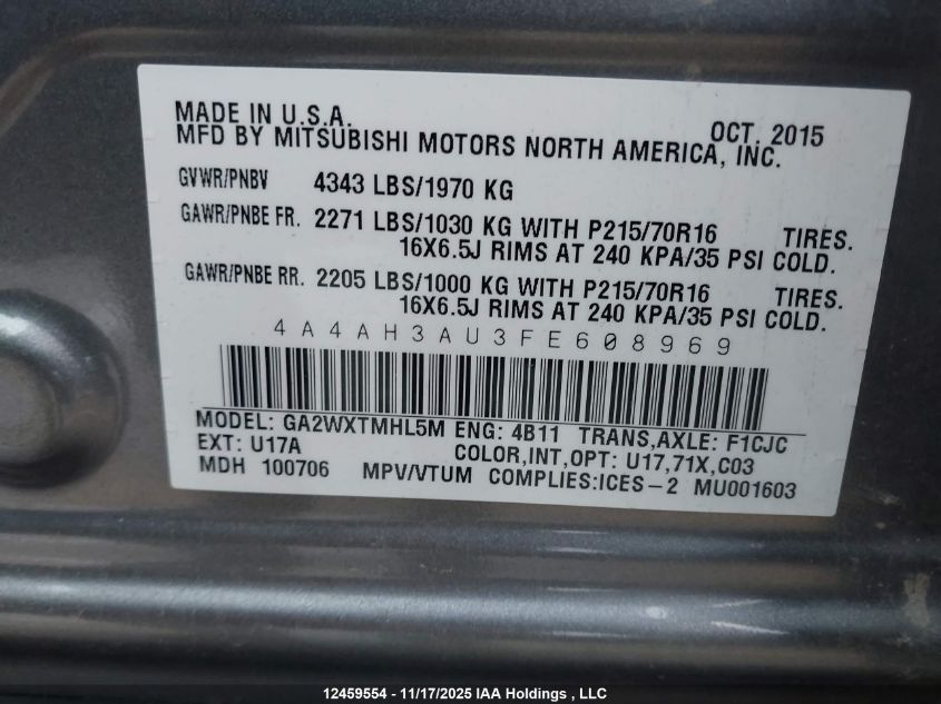 2015 Mitsubishi Rvr VIN: 4A4AH3AU3FE608969 Lot: 12459554