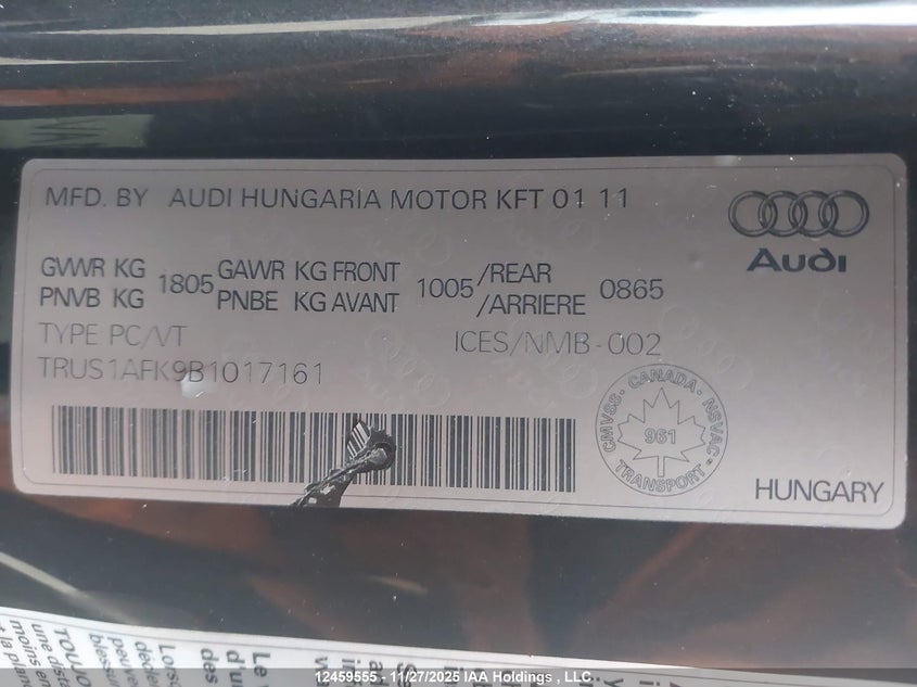 TRUS1AFK9B1017161 2011 AUDI TTS photo no. 9