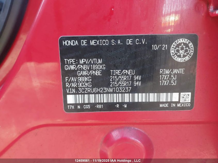 2022 Honda Hr-V Sport VIN: 3CZRU6H23NM103237 Lot: 12459561