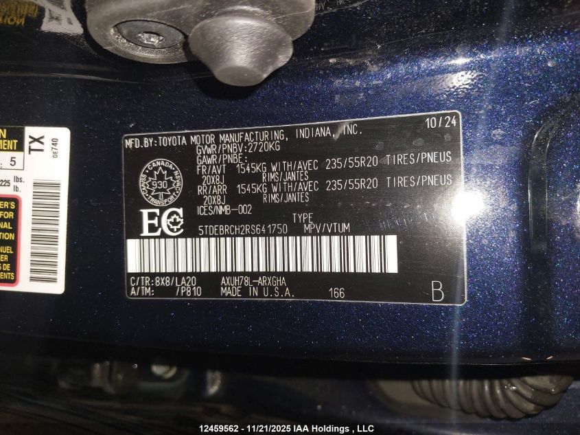 2024 Toyota Highlander Hybrid Limited/Hybrid Platinum VIN: 5TDEBRCH2RS641750 Lot: 12459562