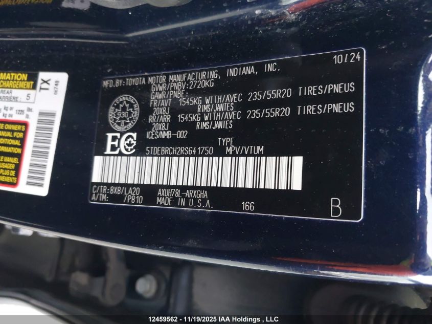 2024 Toyota Highlander Hybrid Limited/Hybrid Platinum VIN: 5TDEBRCH2RS641750 Lot: 12459562