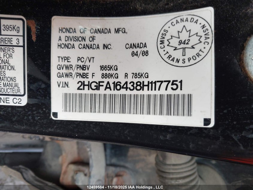 2HGFA16438H117751 2008 HONDA CIVIC photo no. 9