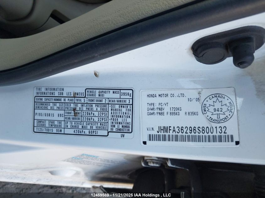 2006 Honda Civic Hybrid VIN: JHMFA36296S800132 Lot: 12459589